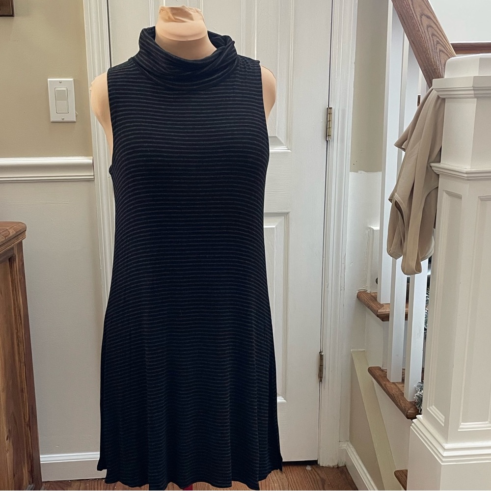 Cupio, black/charcoal striped sleeveless, cow neck dress,  no size tag L or XL?